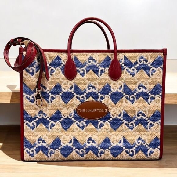 GUCCI
Raffia GG Monogram Hamptons Tote Bag Beige Blue - Picture 3 of 11